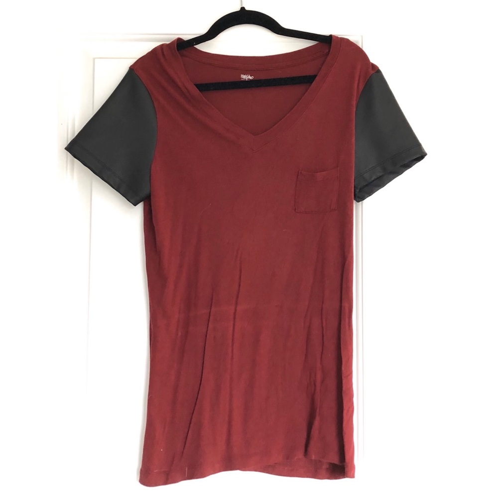 Burgundy T-Shirt w/ Faux Leather Sleeves